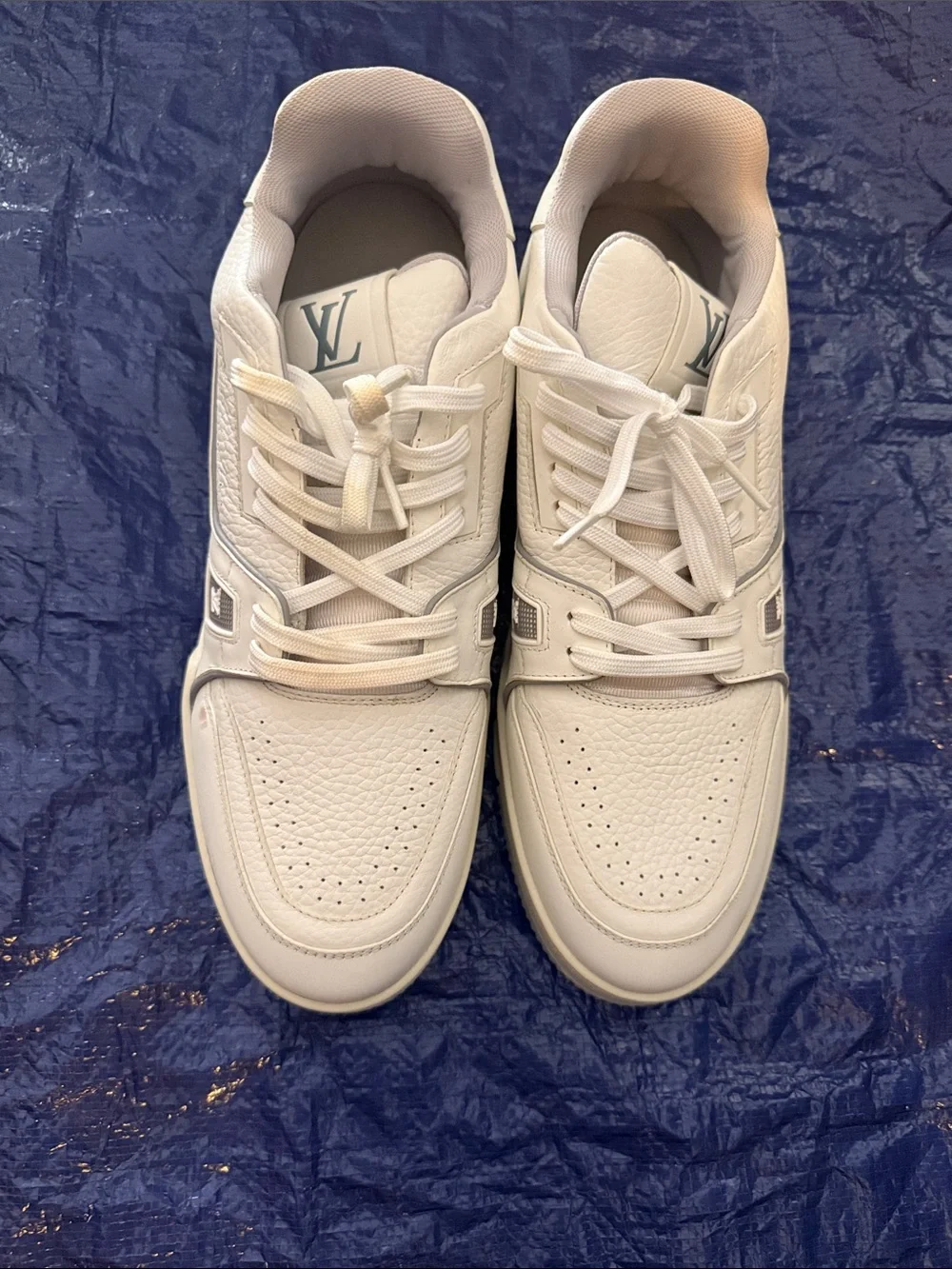 Louis Vuitton Men's White Leather Low-Top Sneakers with LV Tongue Logo